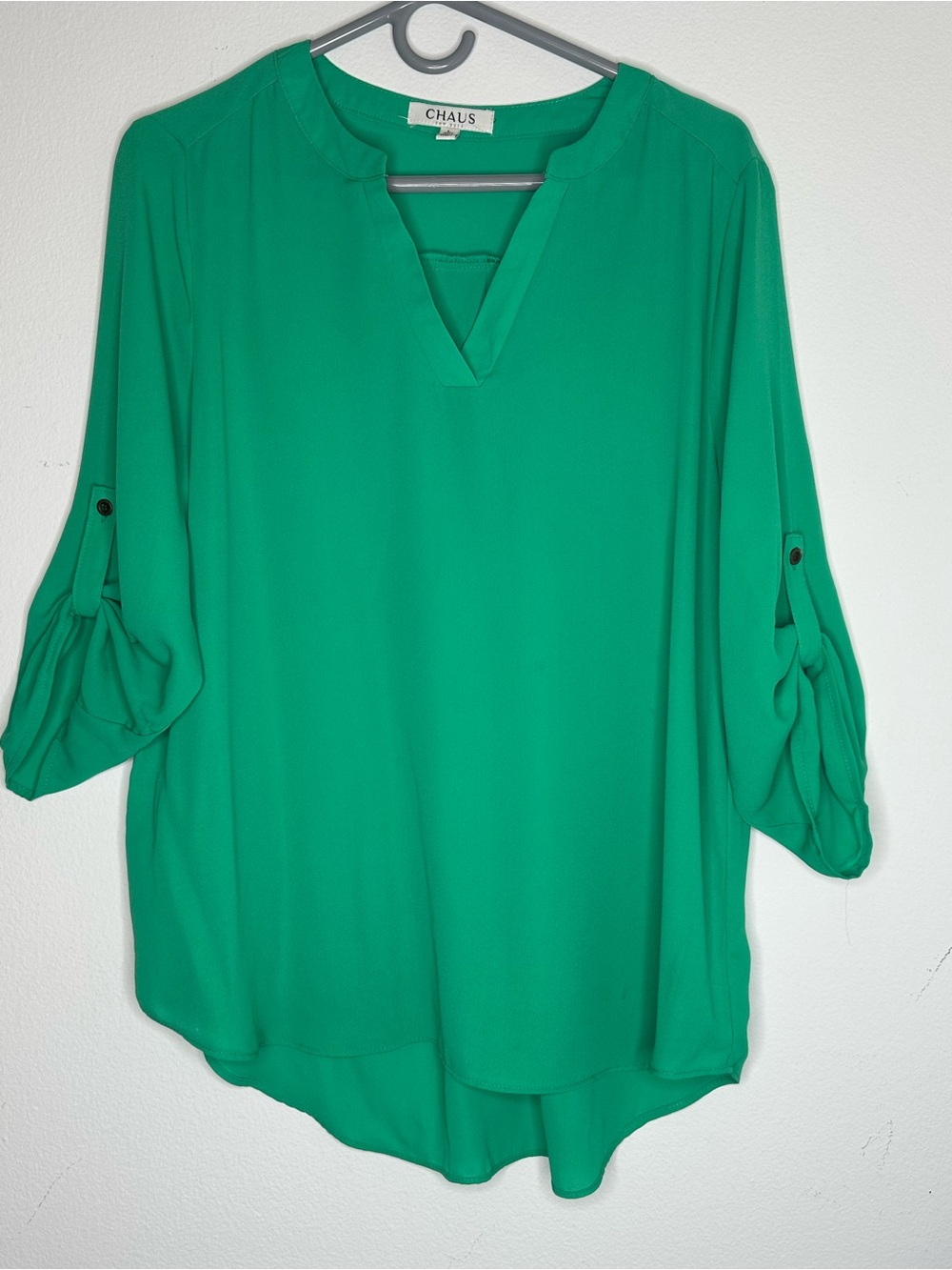 Chaus New York Emerald Green Roll Tab Sleeve Blouse Size L